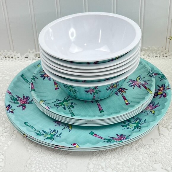Cynthia Rowley Palm Tree Melamine 16 Piece Dish Set Tropical Beach Summer Picnic - Picture 1 of 9
